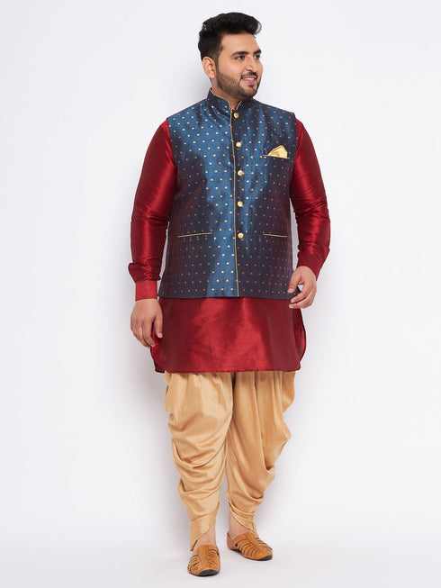 Vastramay Men's Plus Size Blue Zari Weaved Nehru Jacket With Curved Kurta Dhoti set